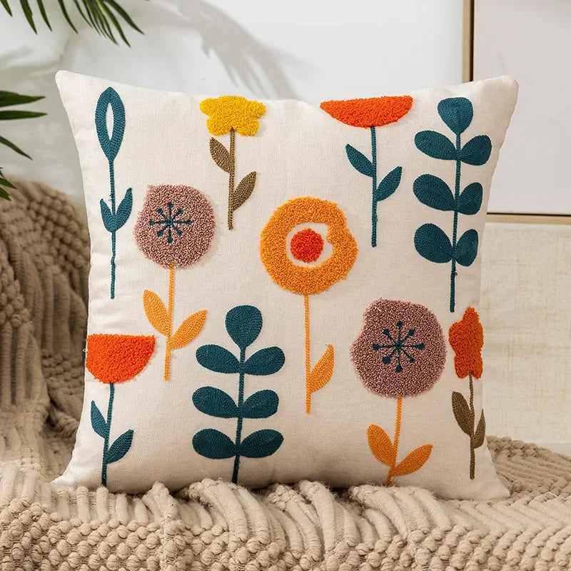 Housse de coussin brodée fleurs, style campagne
