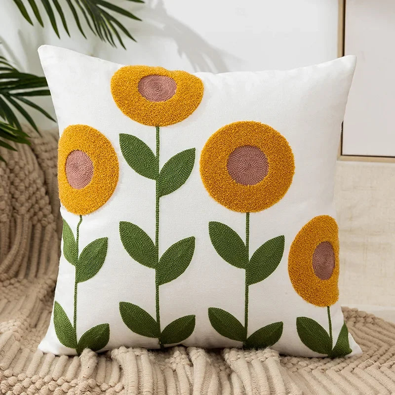 Housse de coussin brodée fleurs, style campagne