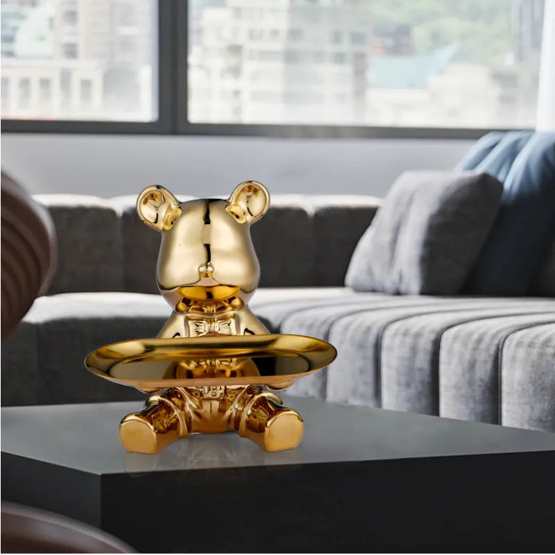 Vide-poche ourson en polyrésine avec plateau, 20 cm