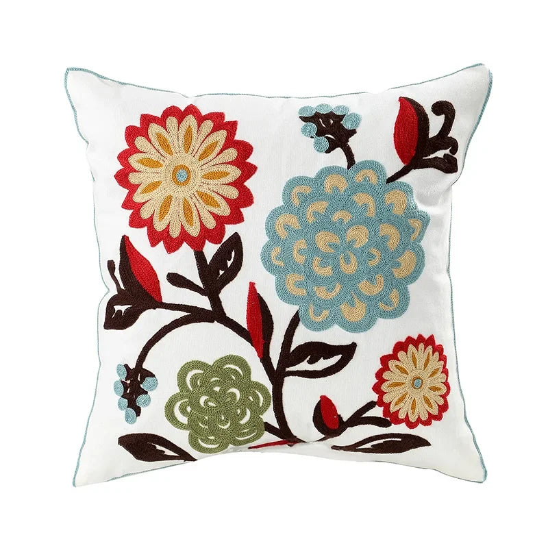 Housse de coussin brodée fleurs, style campagne