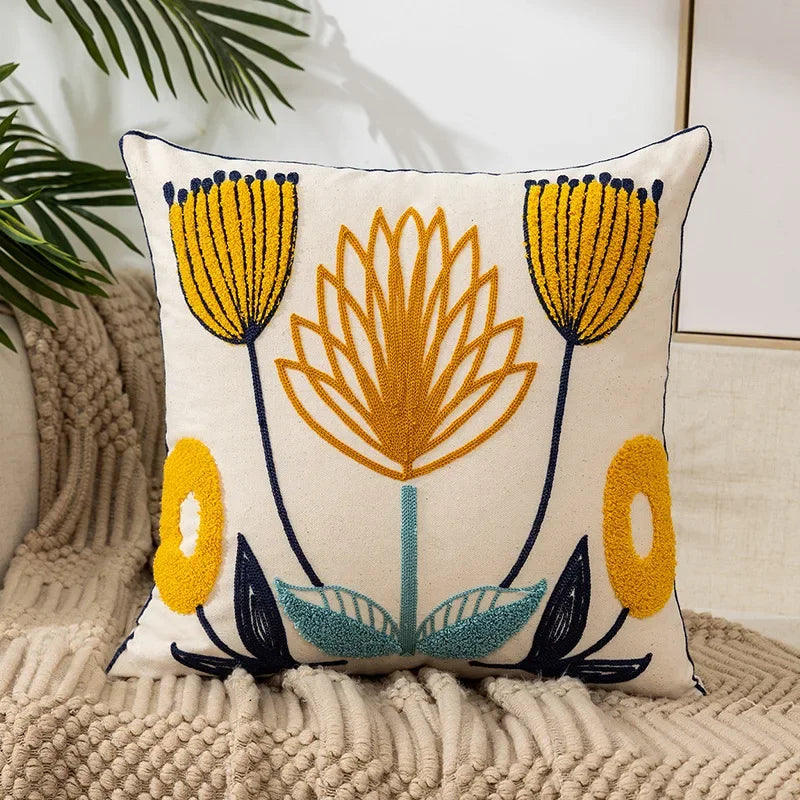 Housse de coussin brodée fleurs, style campagne