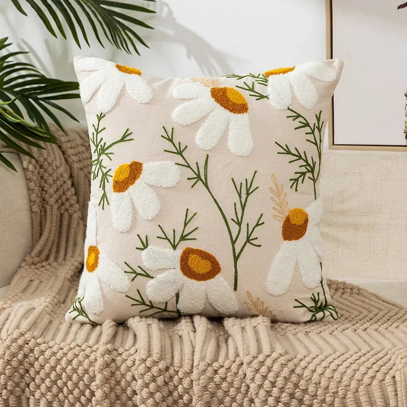 Housse de coussin brodée fleurs, style campagne