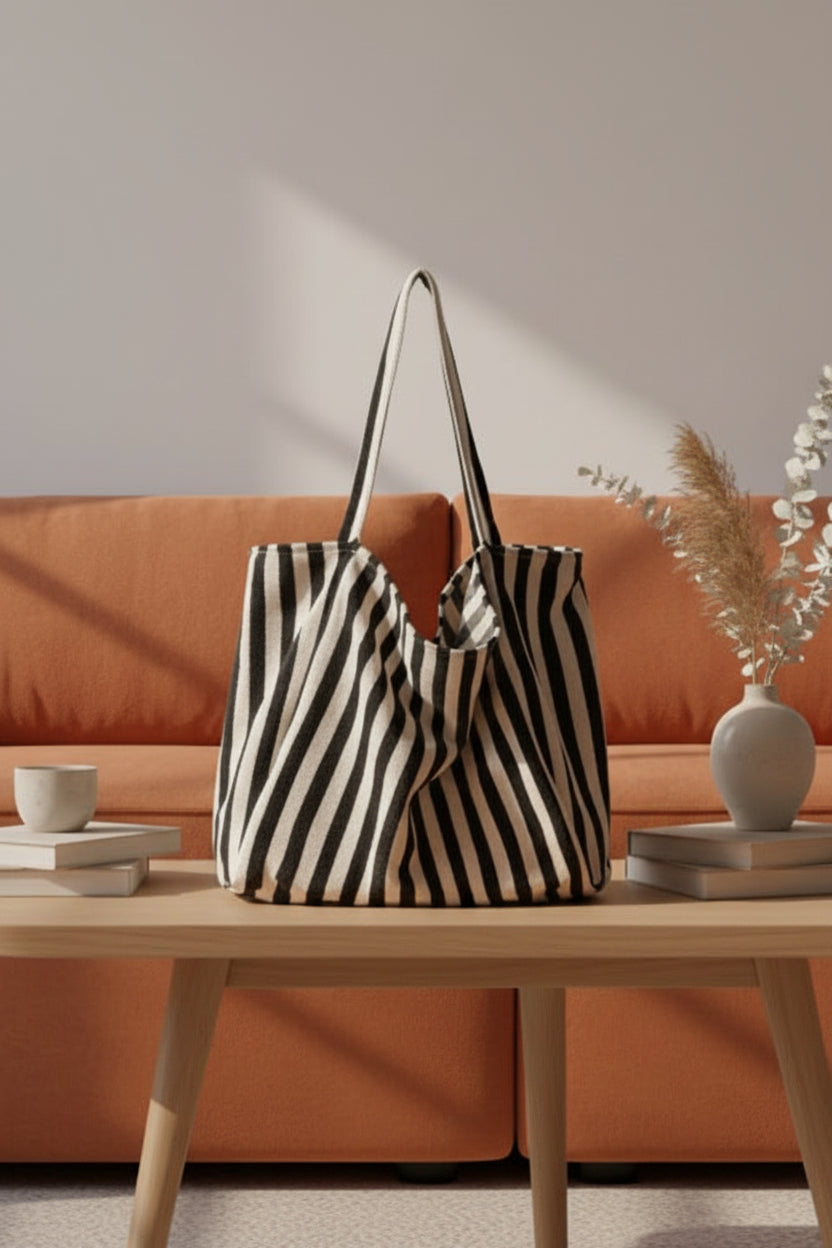 Sac Fourre Tout Femme Rayé en Tissu de Luxe | Élégance Moderne et Confort pour un Style Quotidien 1