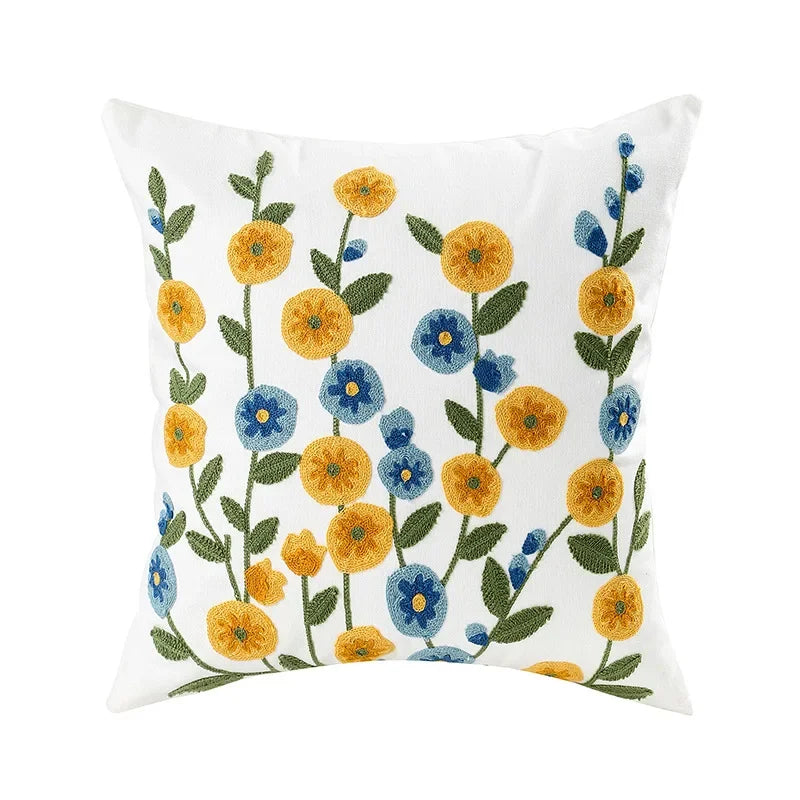 Housse de coussin brodée fleurs, style campagne