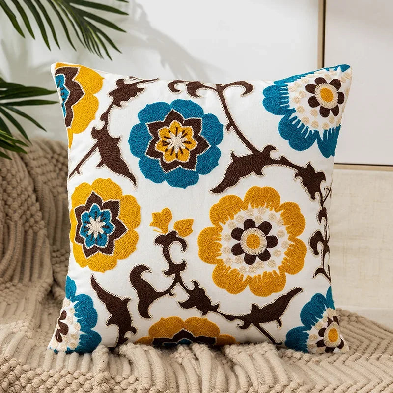 Housse de coussin brodée fleurs, style campagne