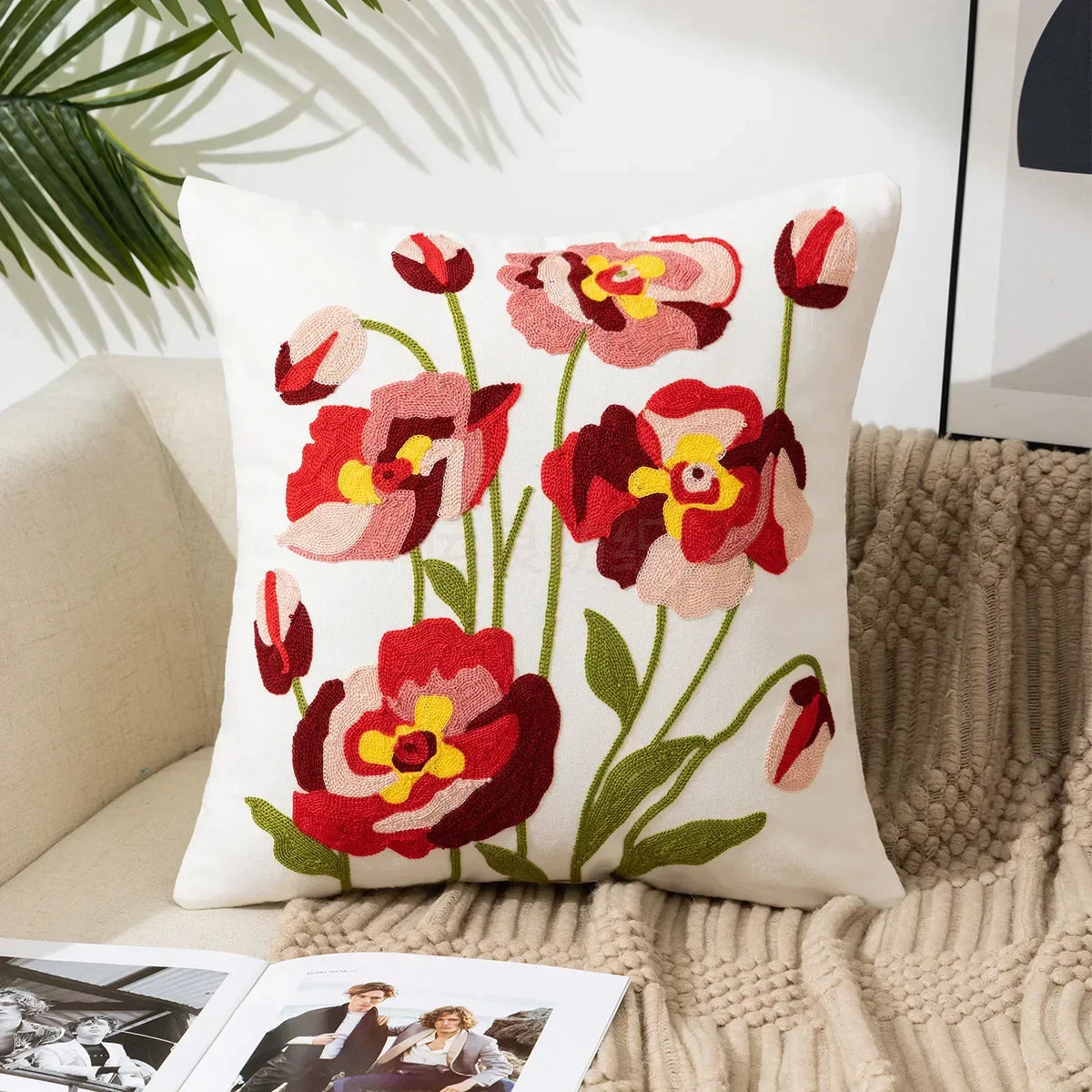 Housse de coussin brodée fleurs, style campagne