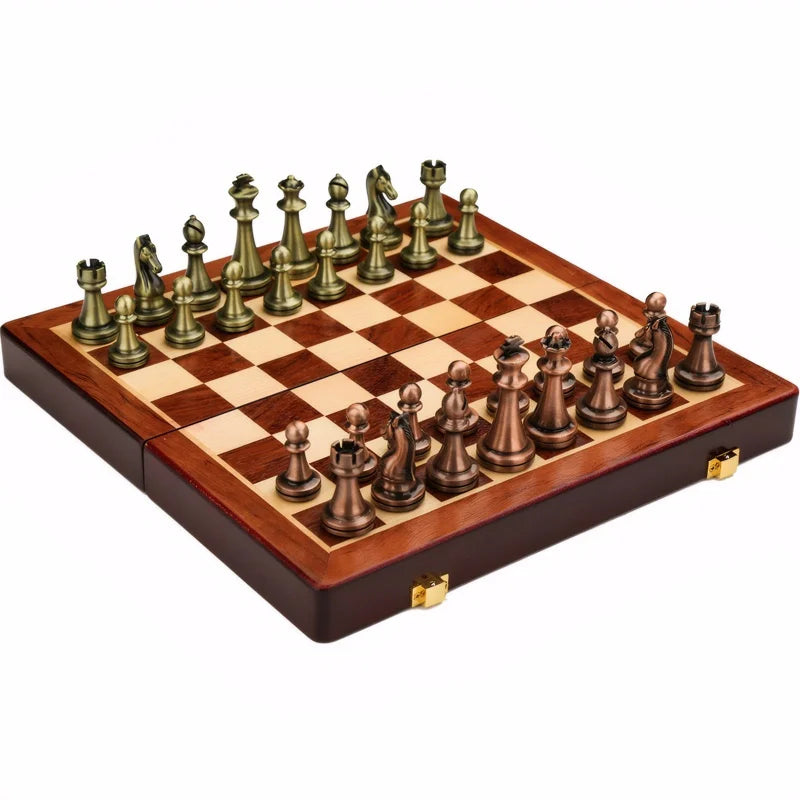 Jeu d'échecs en bois massif, pièces bronze antique