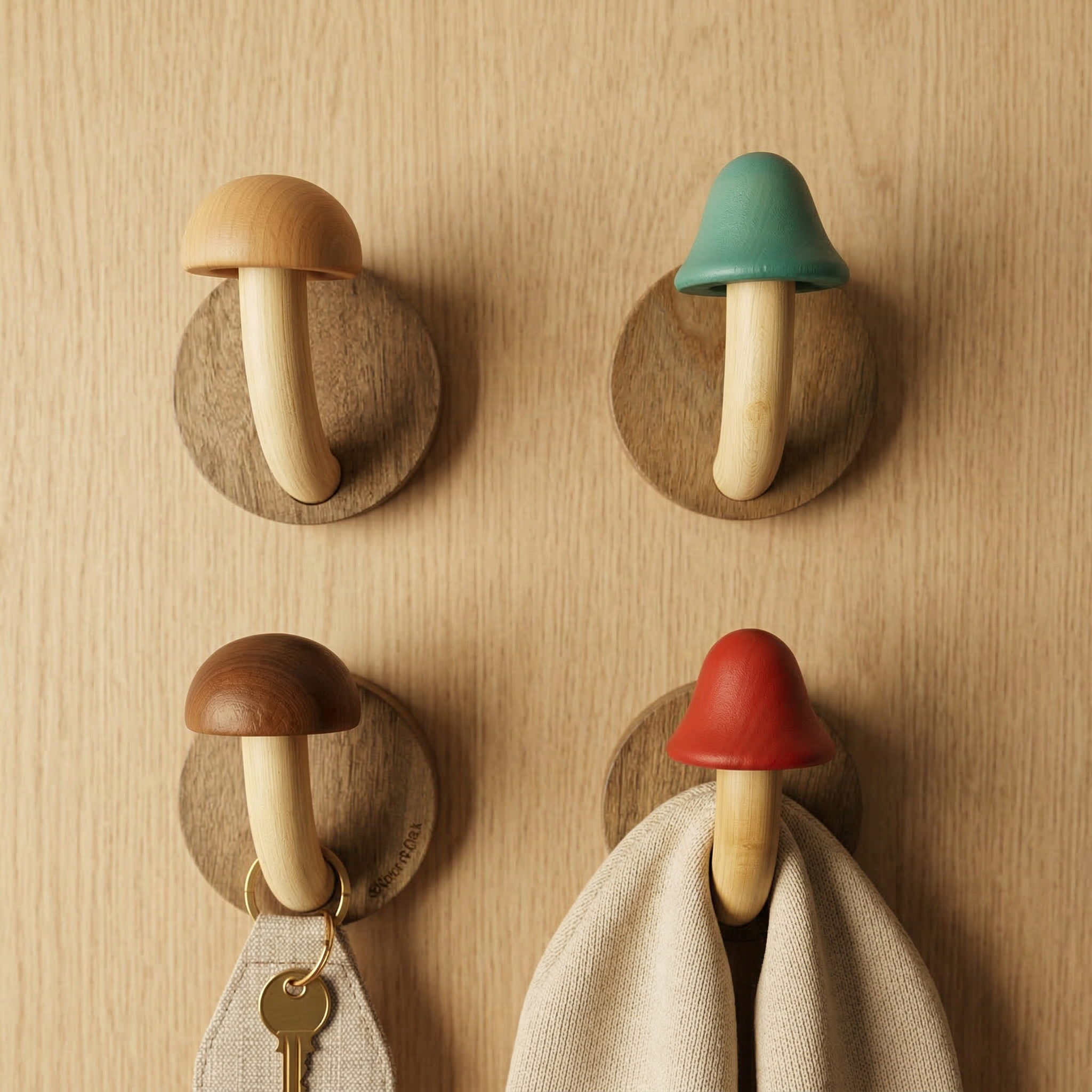 Solid Timber Mushroom Wall Hooks — Vibrant Colour Set 1