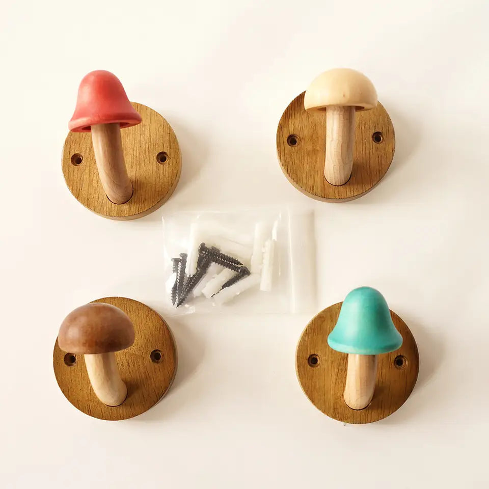 Solid Timber Mushroom Wall Hooks — Vibrant Colour Set 3