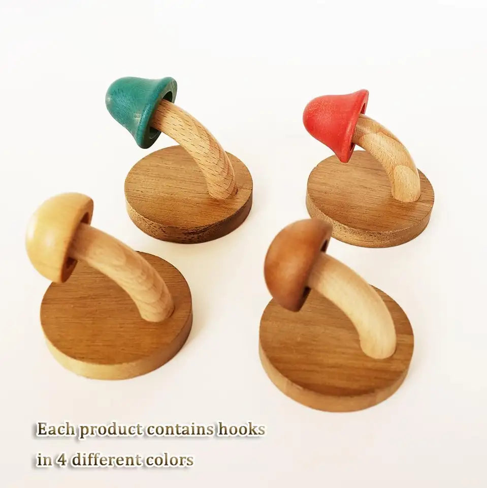 Solid Timber Mushroom Wall Hooks — Vibrant Colour Set 4