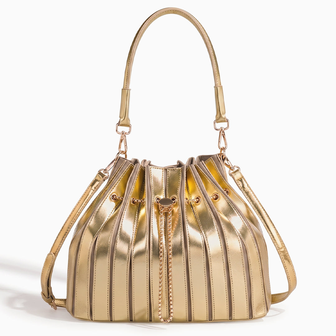 Pleated Metallic Drawstring Bucket Bag