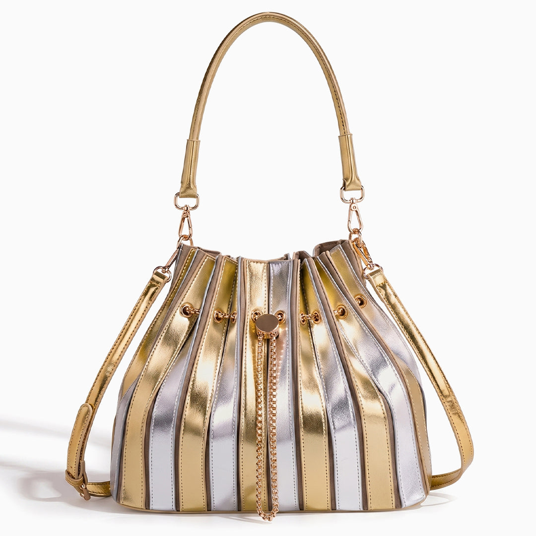 Pleated Metallic Drawstring Bucket Bag