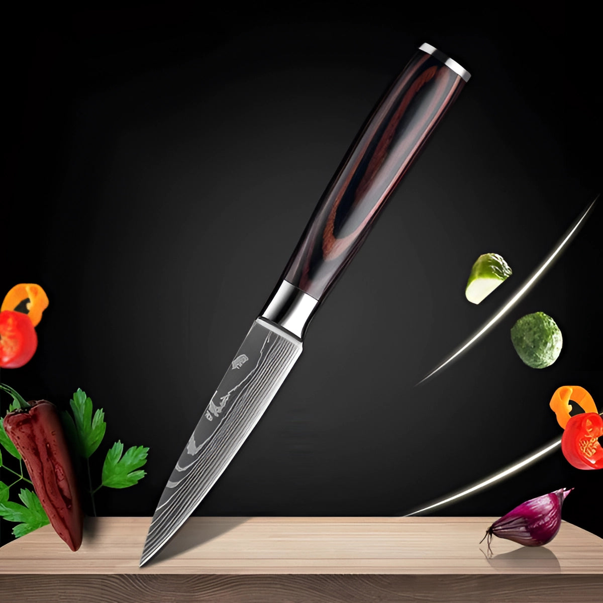 Damascus-Pattern Kitchen Knives with Wood Handle