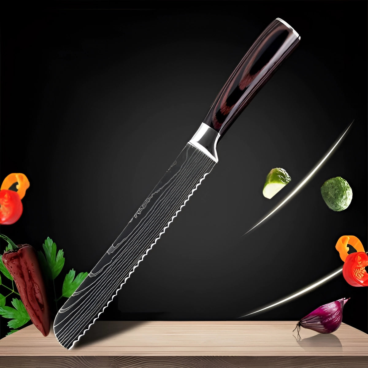 Damascus-Pattern Kitchen Knives with Wood Handle