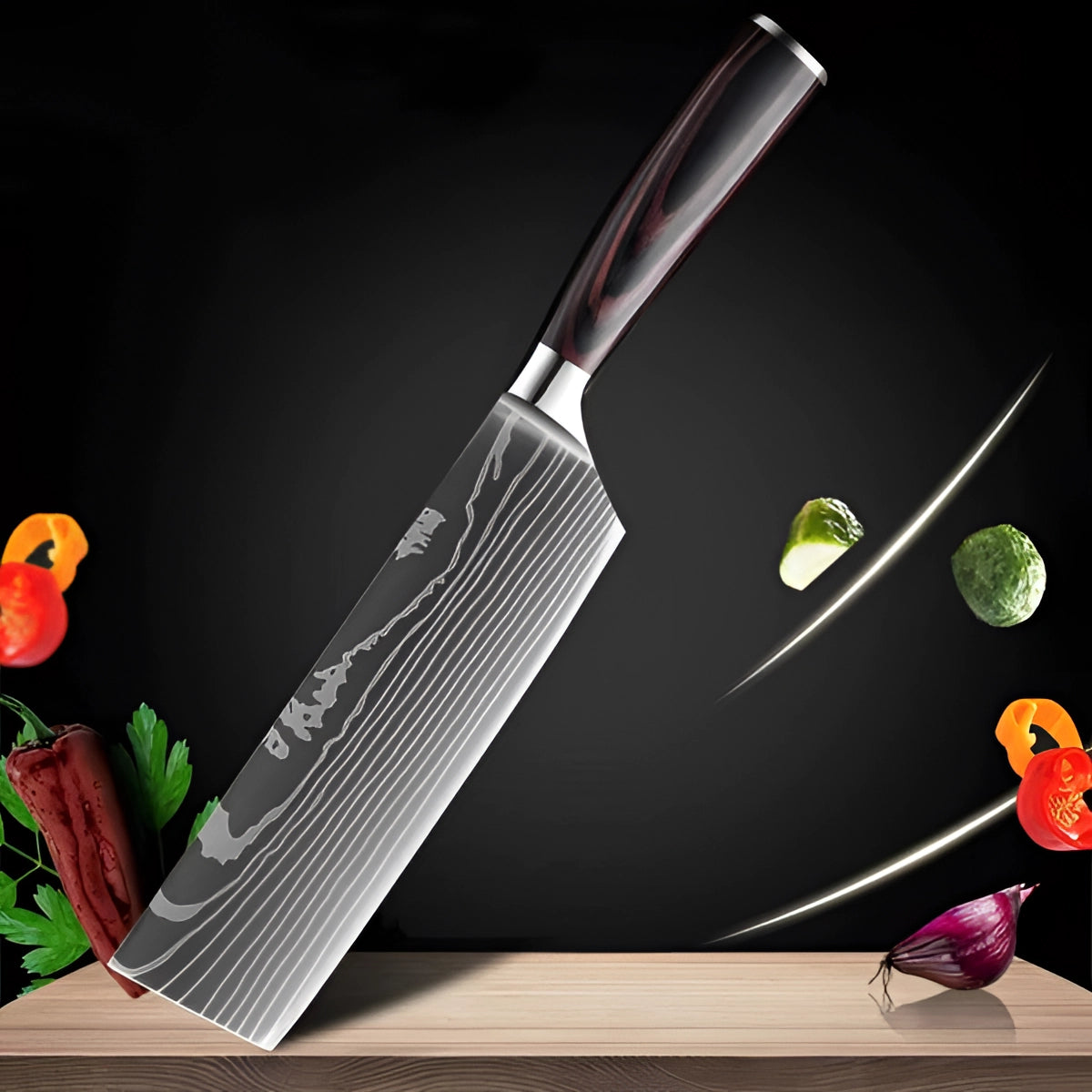 Damascus-Pattern Kitchen Knives with Wood Handle