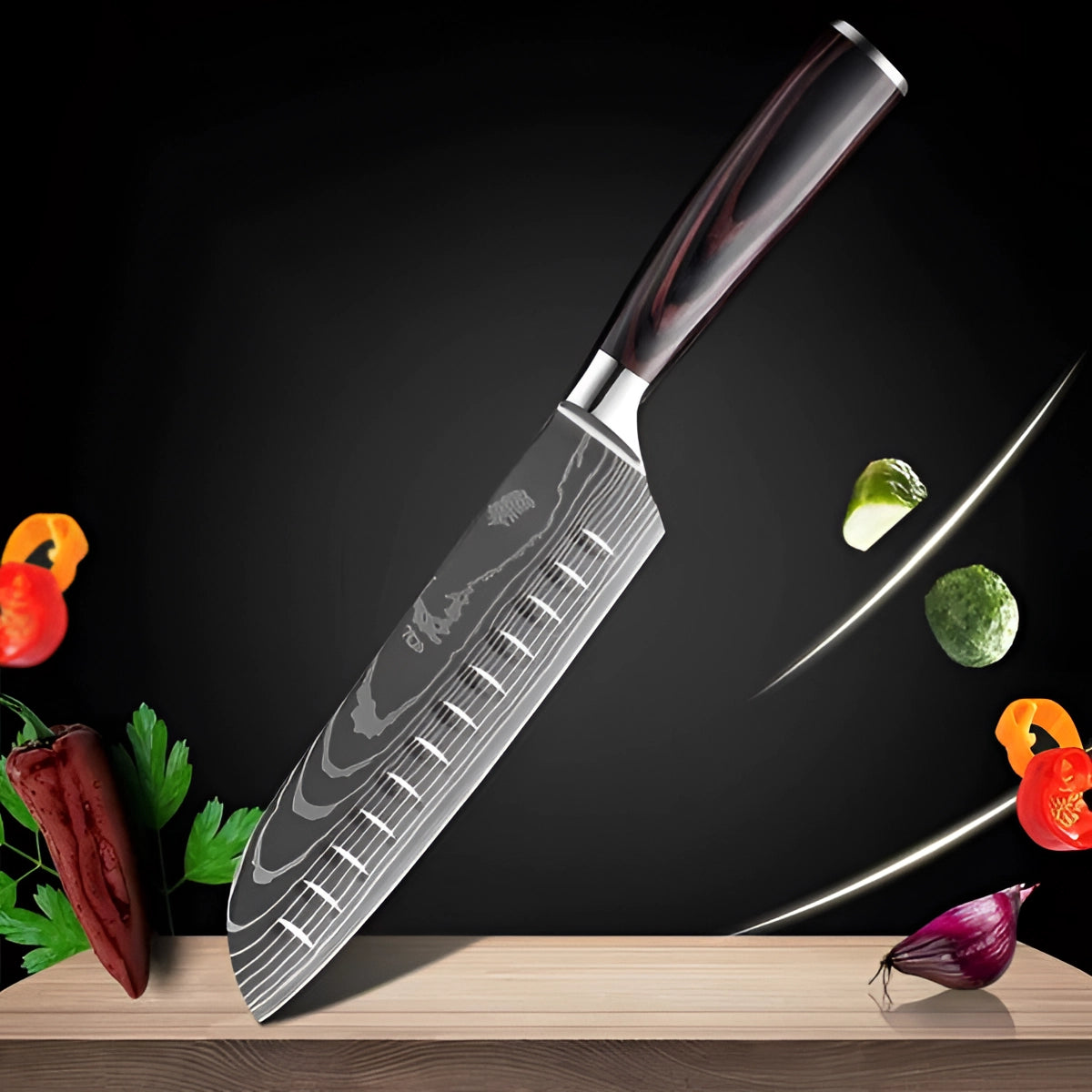 Damascus-Pattern Kitchen Knives with Wood Handle