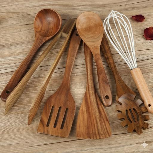 Lot de 7 ustensiles de cuisine en bois naturel