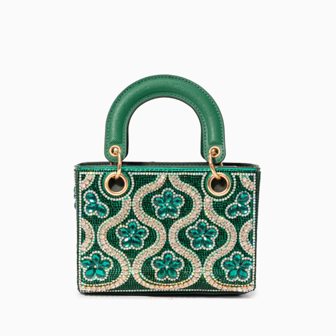Sac à main vert émeraude à motif floral orné