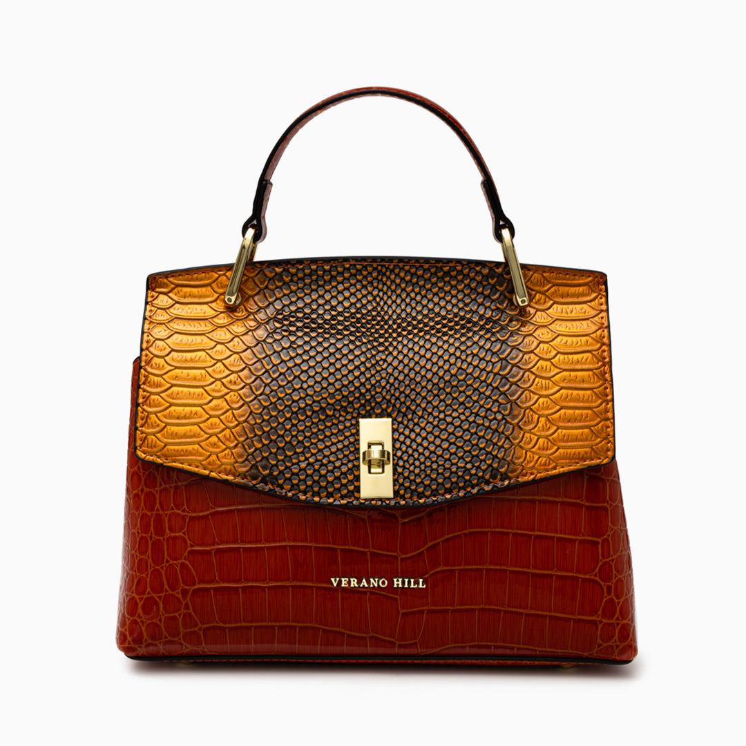 Sac épaule effet croco à fermoir tournant doré