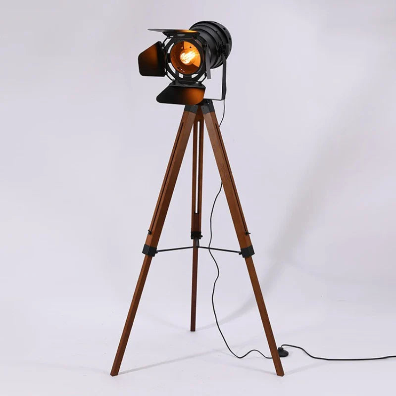 Walnut Tripod Floor Lamp - Adjustable Matte Black Spotlight 0