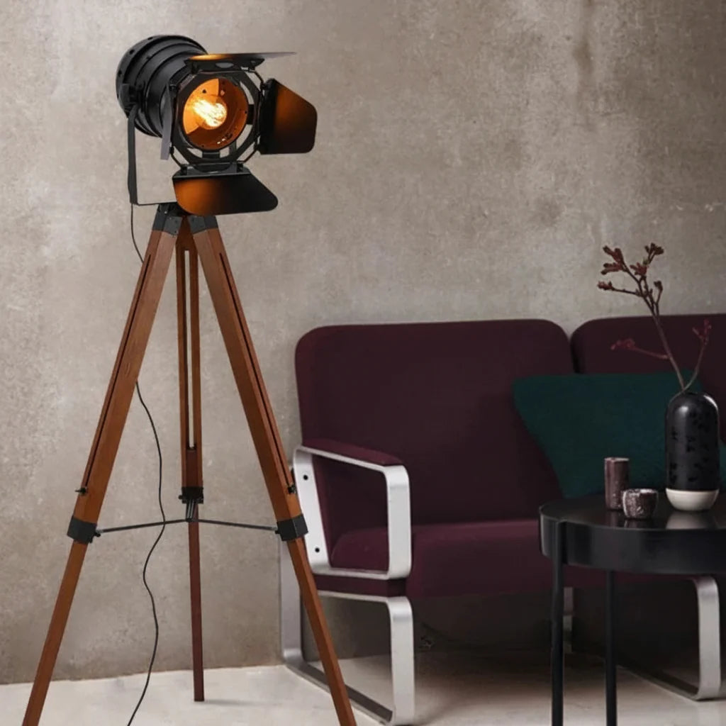 Walnut Tripod Floor Lamp - Adjustable Matte Black Spotlight 5