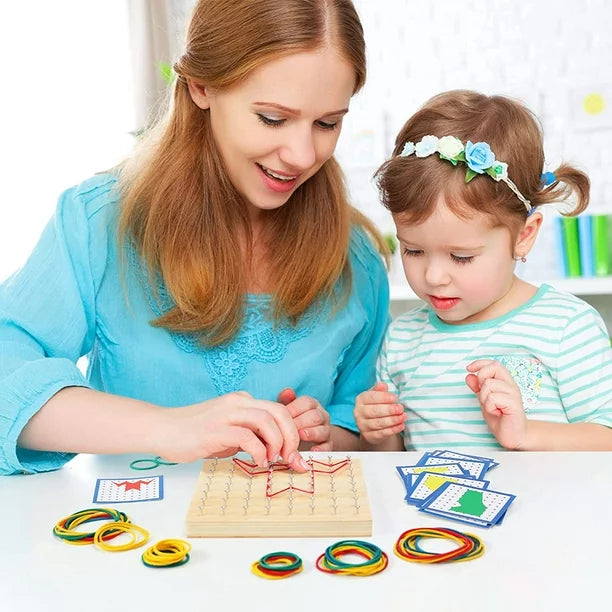 Wooden Geoboard with Rubber Bands and Cards, Ages 3+