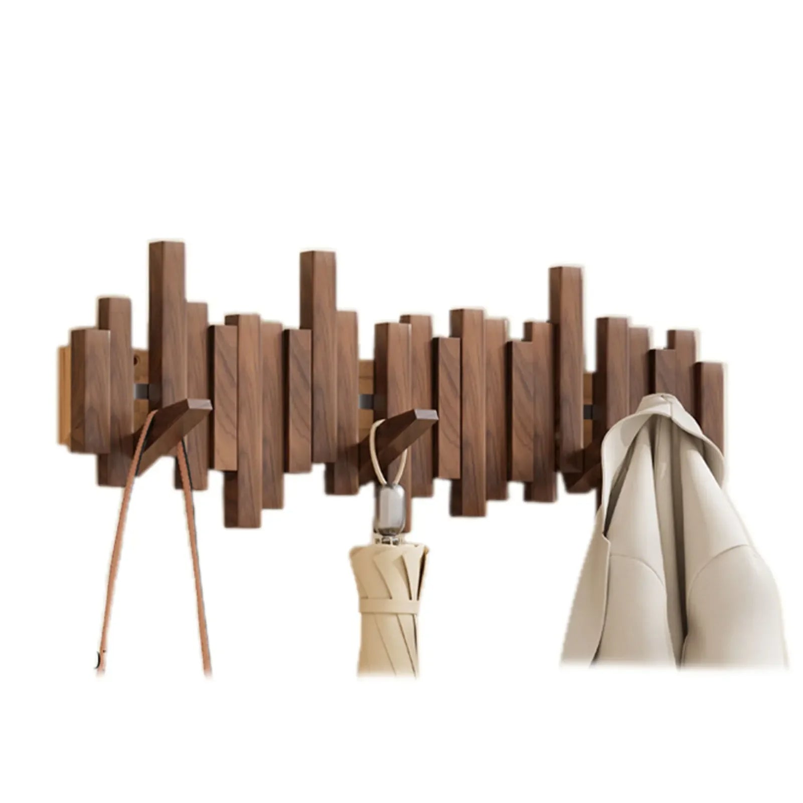 Wooden Wall Coat Rack - Magnetic Foldable Hooks 0