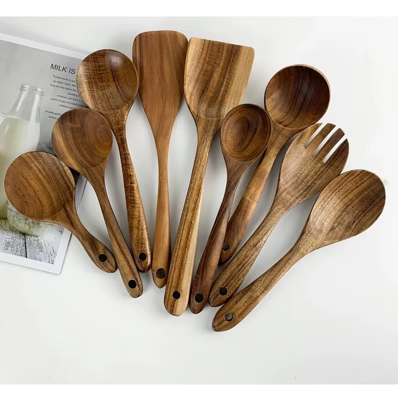 Natural Teak Wood Kitchen Utensil Set, 6 or 9 Pieces