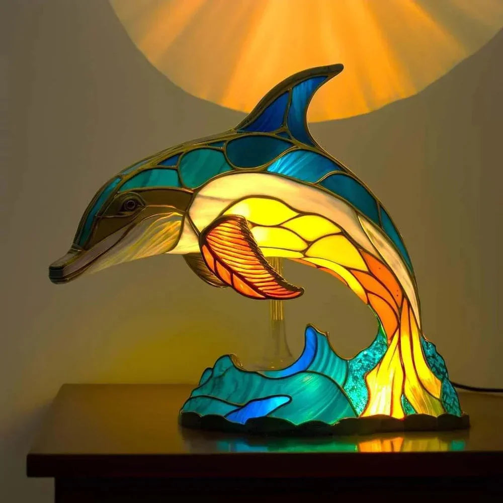 Lampe de table animalière style vitrail