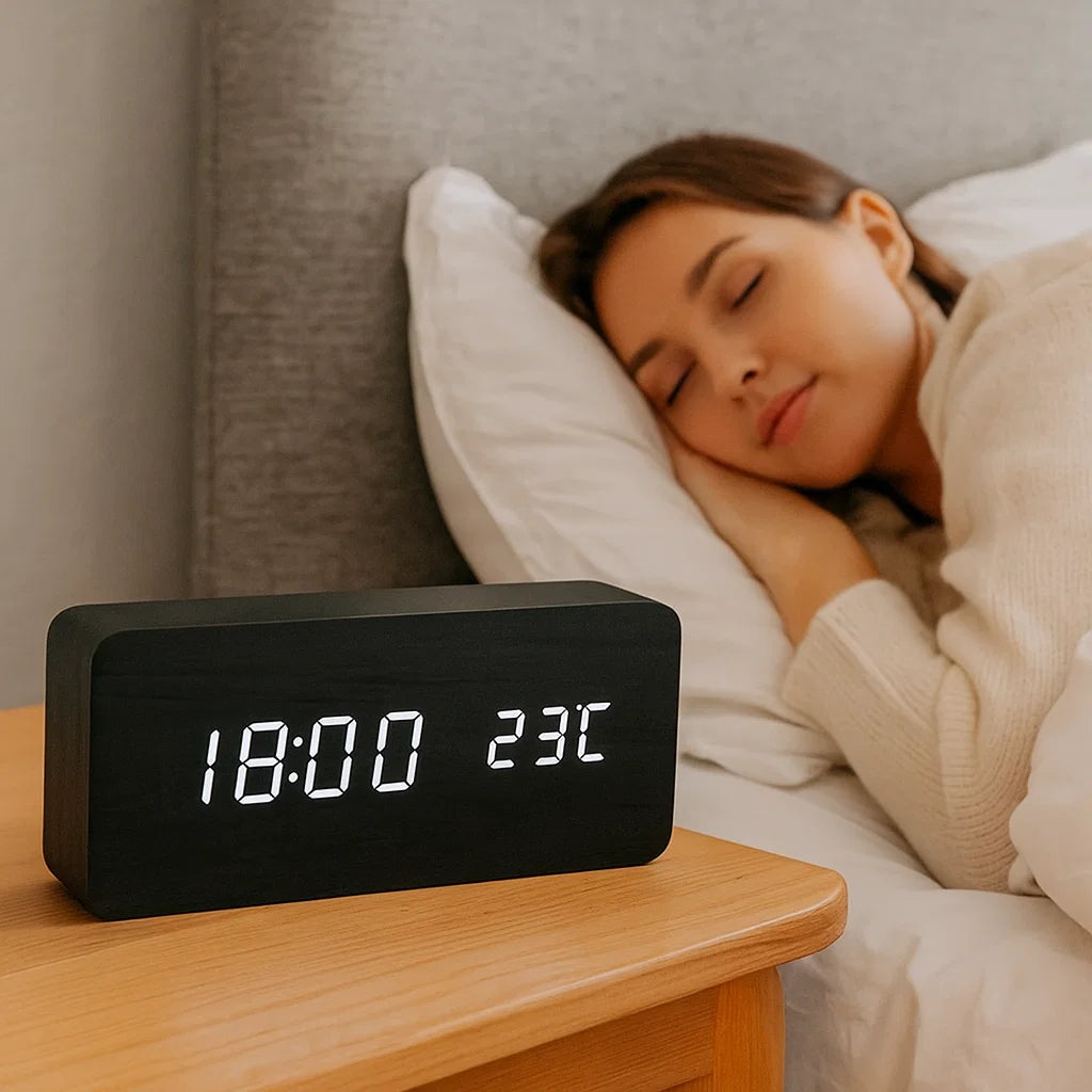 Horloge LED finition bois à activation sonore