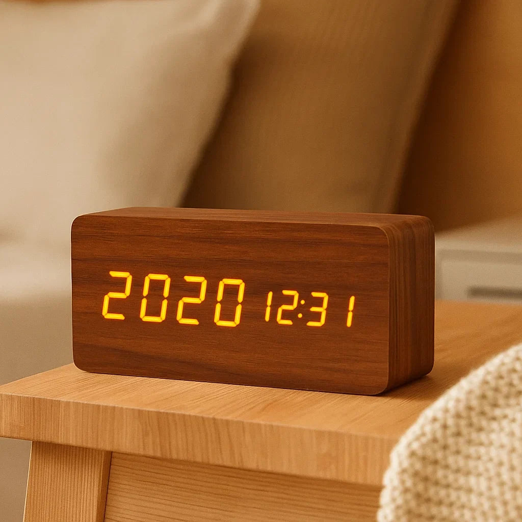Horloge LED finition bois à activation sonore