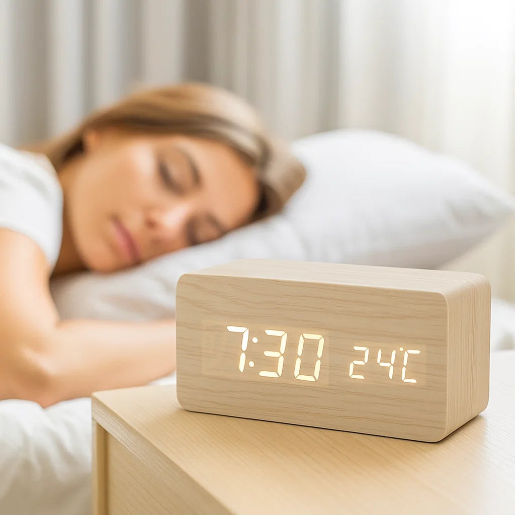 Horloge LED finition bois à activation sonore