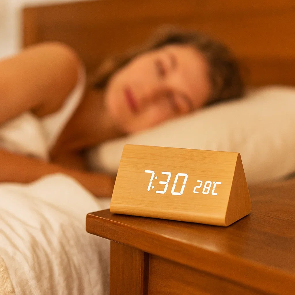 Horloge LED finition bois à activation sonore