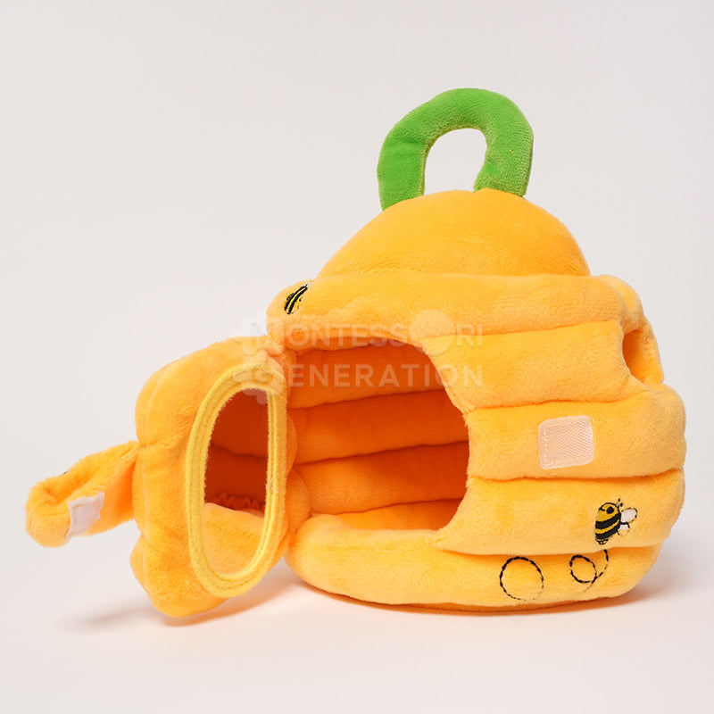 Ruche d'éveil en peluche avec 5 abeilles