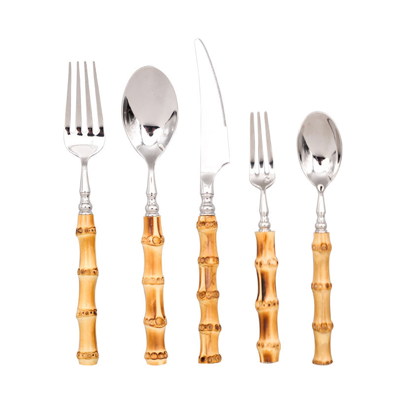 Natural Bamboo and 18/10 Steel Cutlery Set
