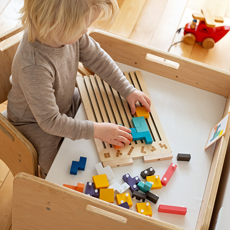 Casse-tête de formes en bois, 42 pièces et 10 cartes