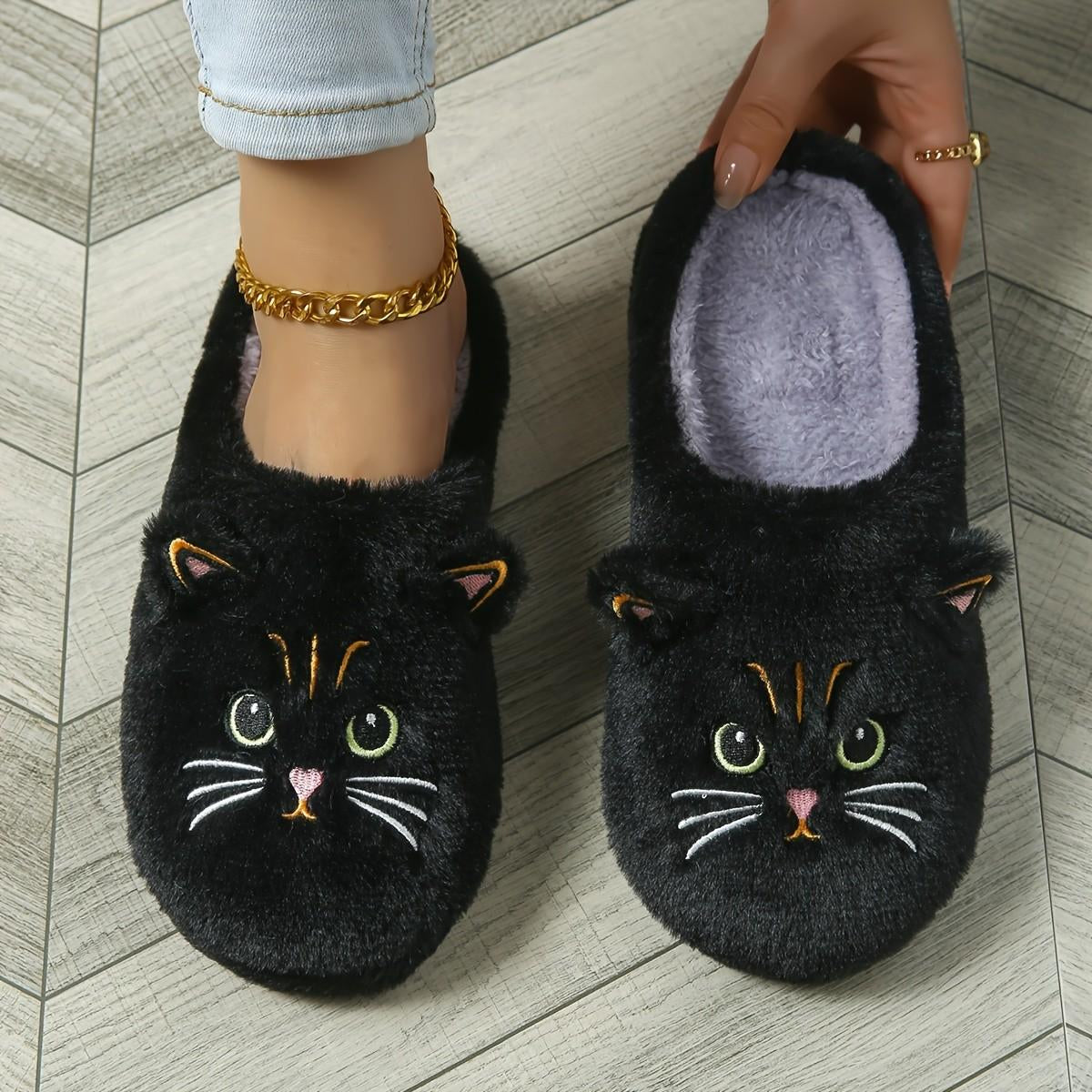 Women's Plush Cat Slippers, Thick Sole