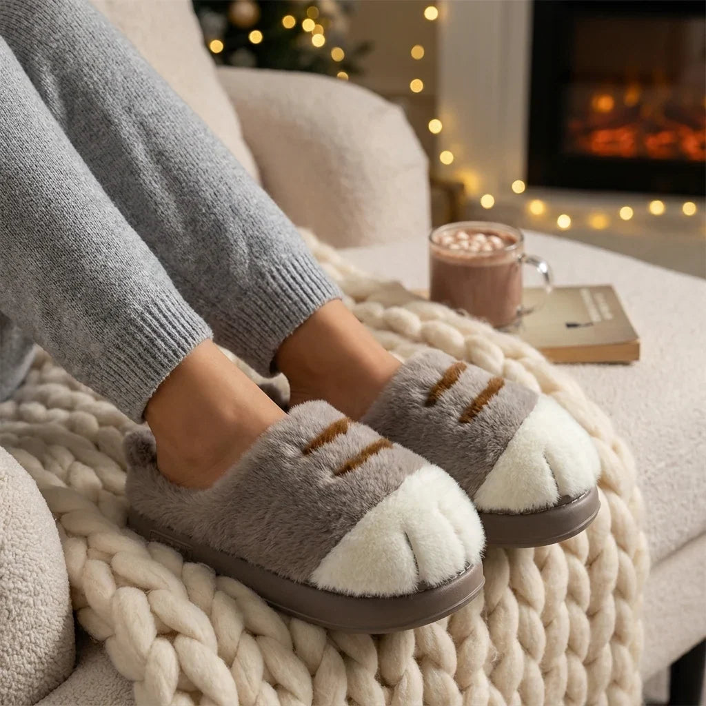 Plush Cat Paw Slippers with Cushioned Sole