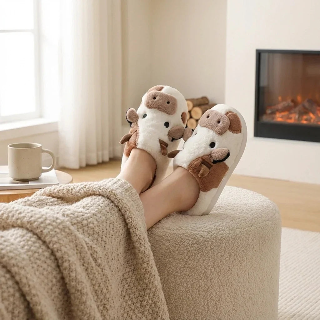 Plush Cow Slippers with 3D Horns and Ears