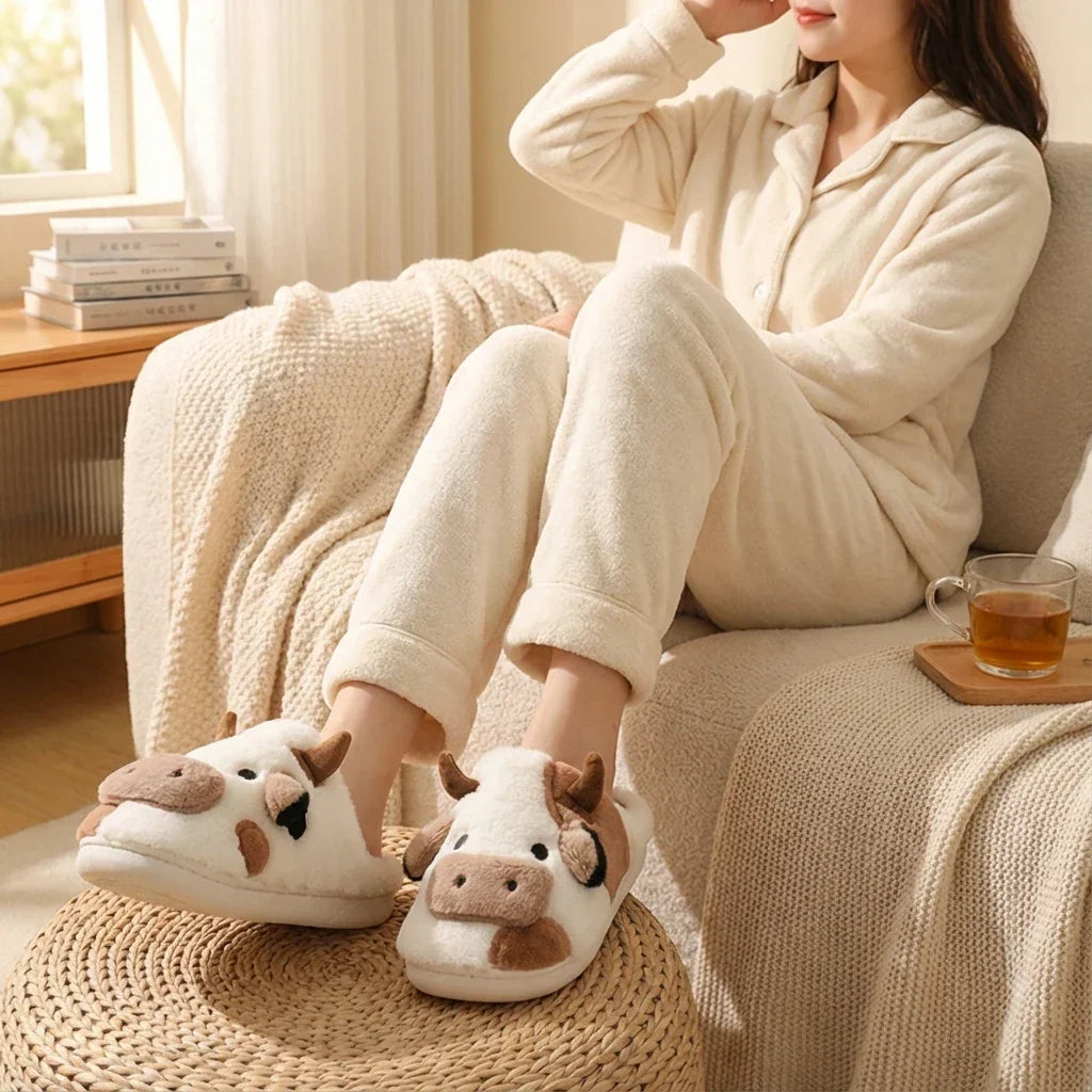 Plush Cow Slippers with 3D Horns and Ears