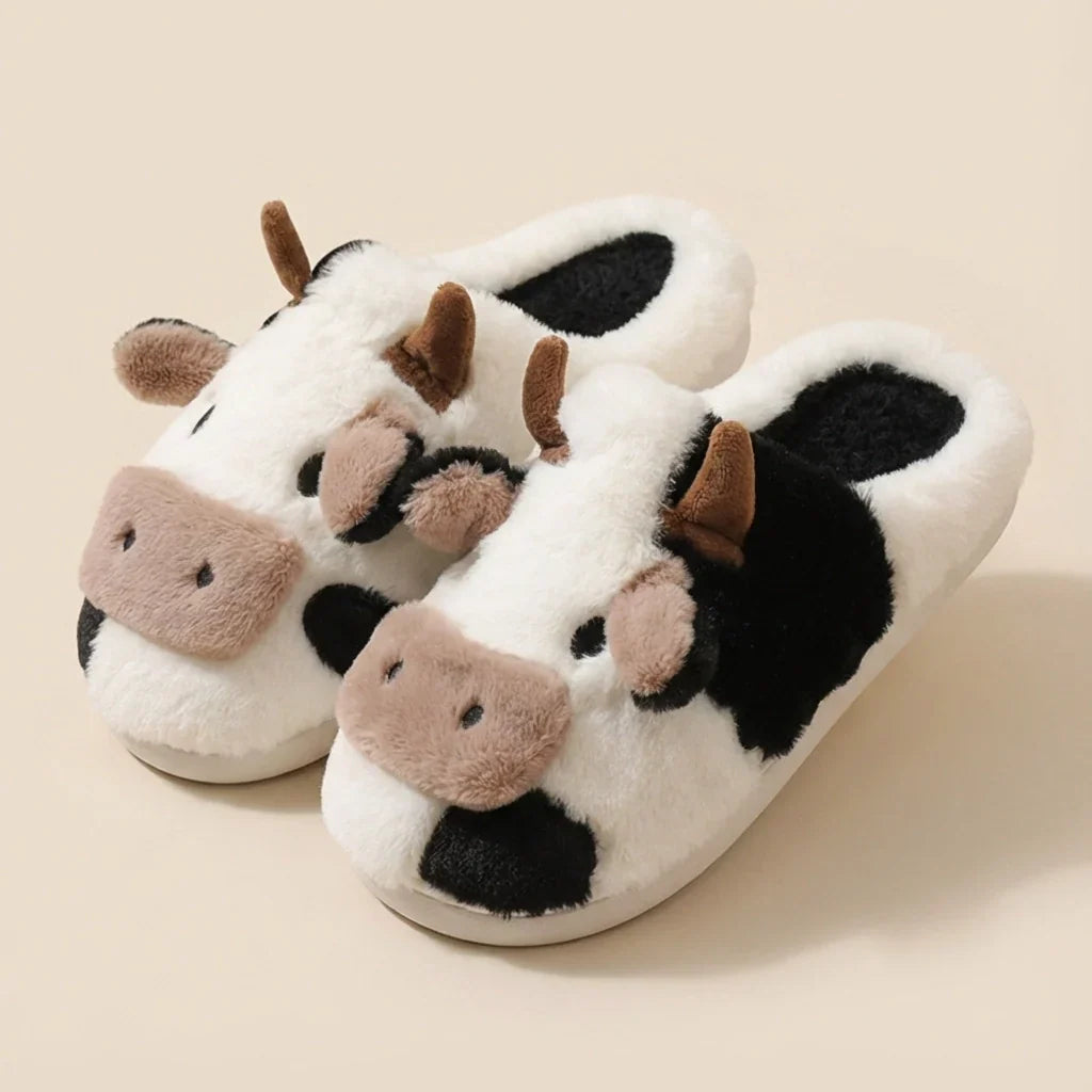 Plush Cow Slippers with 3D Horns and Ears