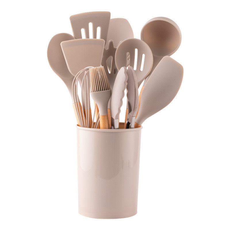 Set de 12 ustensiles en silicone, manches en bois