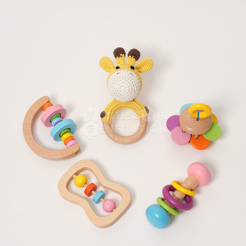 Coffret de 5 hochets en bois pour bébé