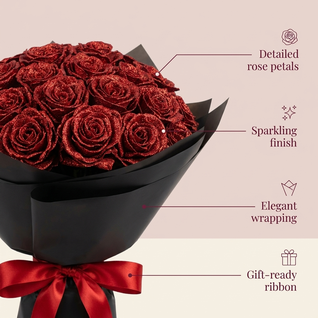 Bouquet de roses pailletées en coffret cadeau