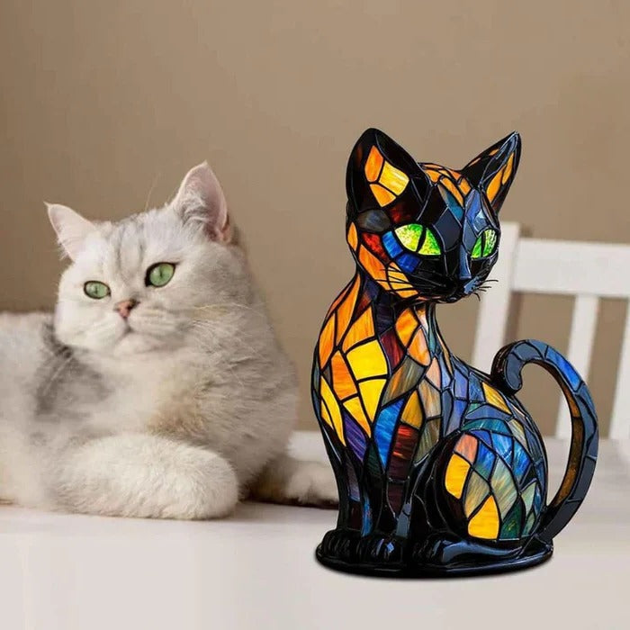 Lampe de table chat en vitrail