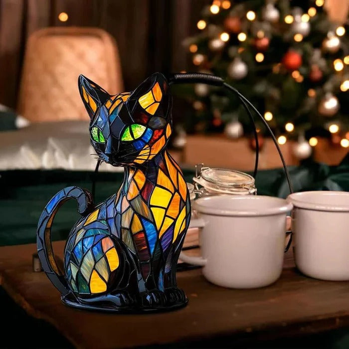 Lampe de table chat en vitrail
