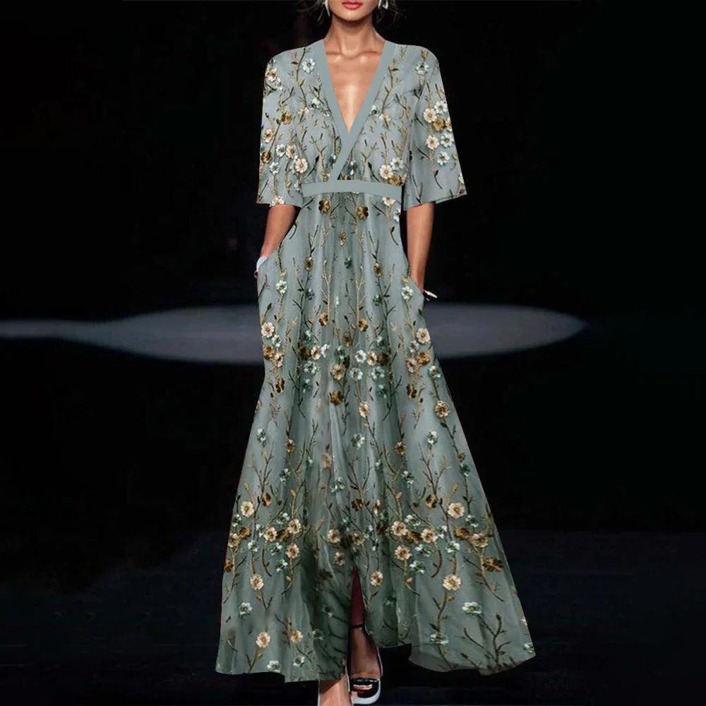 Robe Longue Verte à Manches Mi-Longues