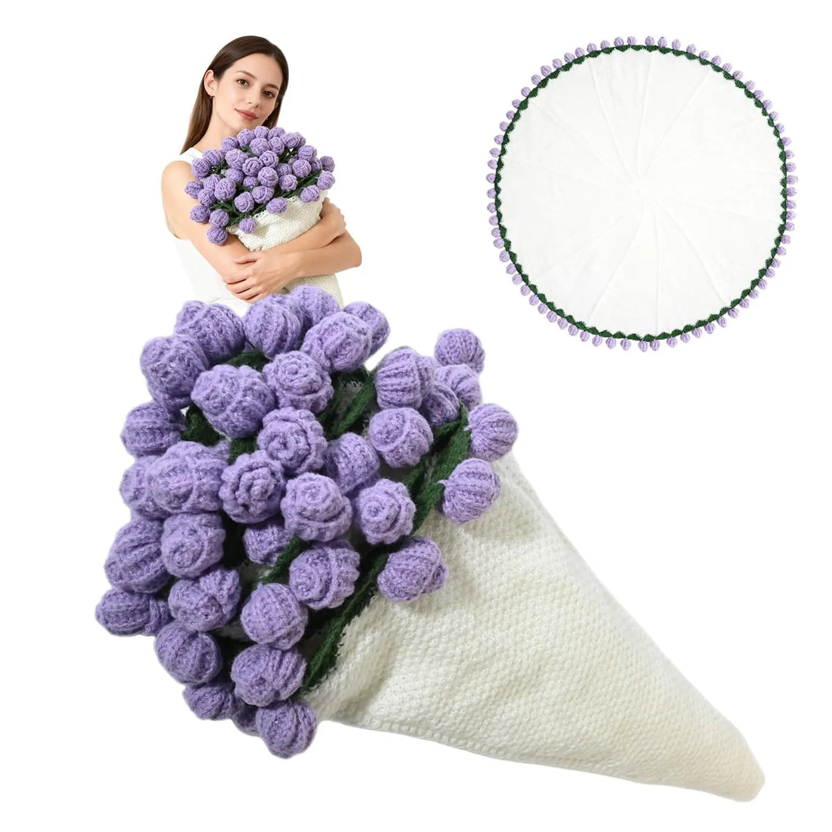 Plaid au crochet qui se plie en bouquet de roses