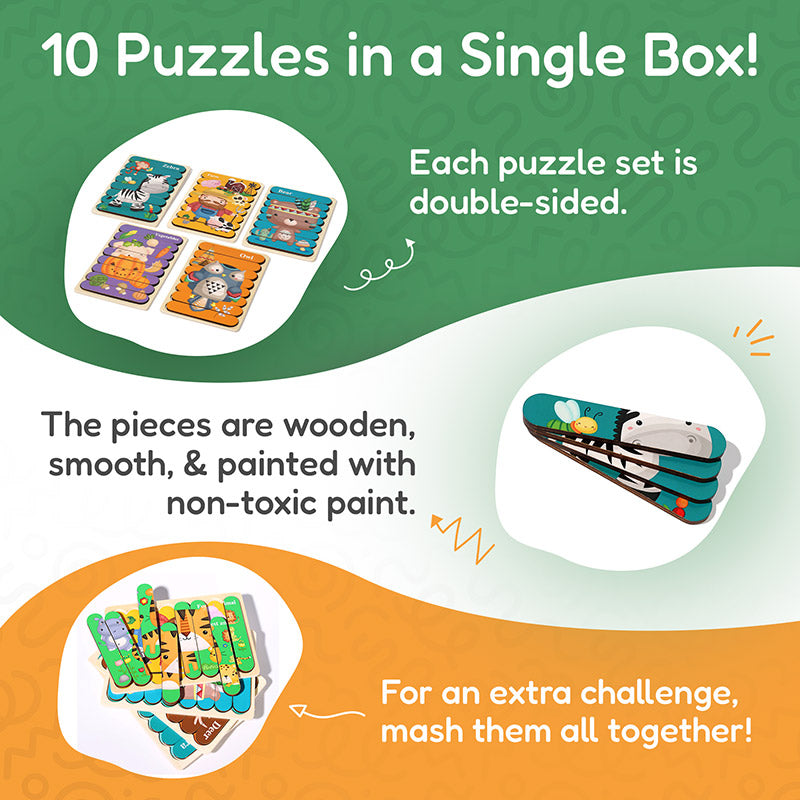 Lot de 5 puzzles en bois double face, dès 12 mois