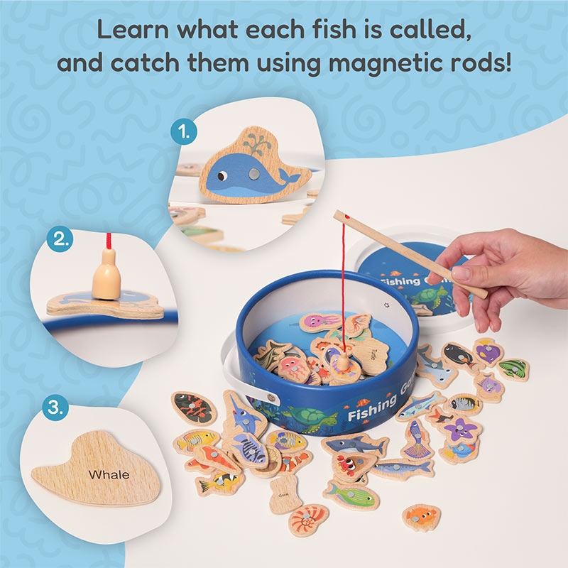 Jeu de pêche magnétique en bois, 51 poissons